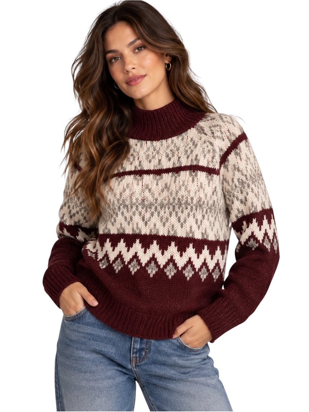 LUCKY BRAND Fair Isle Metallic Mock Neck Sweater Burgundy NWT